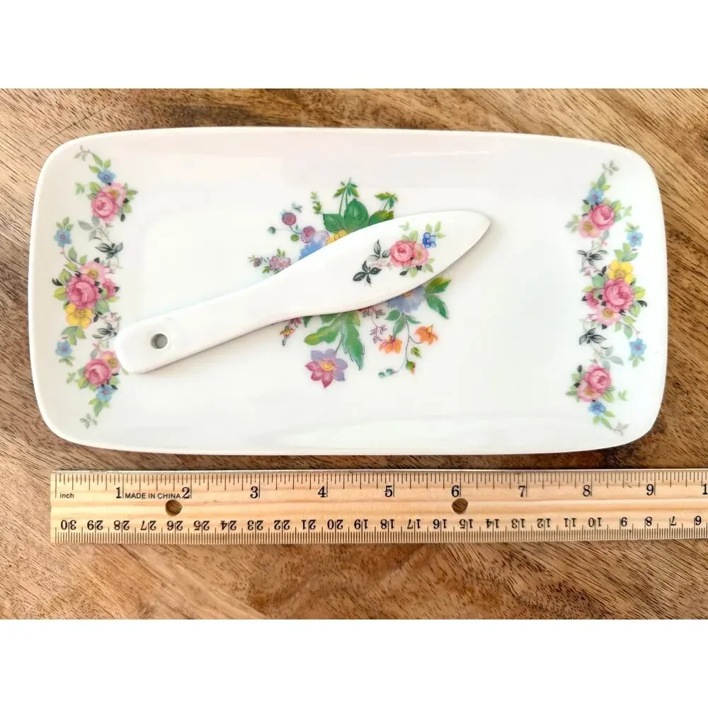 Vintage Floral Cheese Board Set Porcelain Tray with Server Pink Rose Cottage